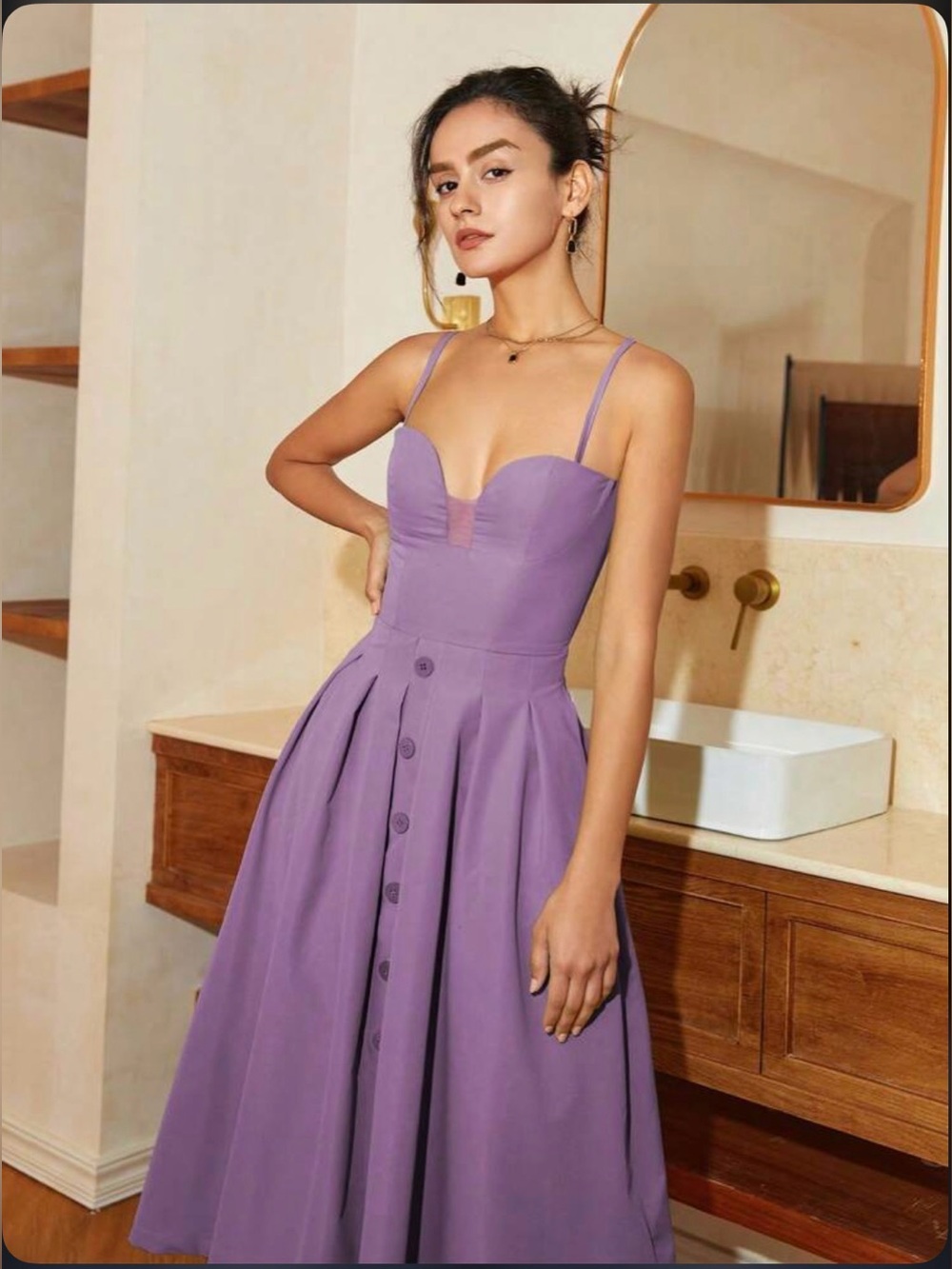 Lavender Sweetheart Midi Dress with Button-Front Skirt